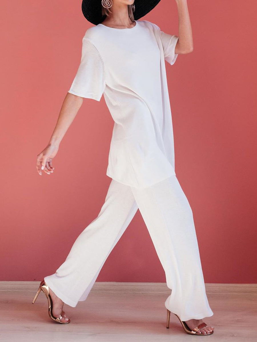 Simple Casual Loose Round Neck Short Sleeve Top Pants Suit