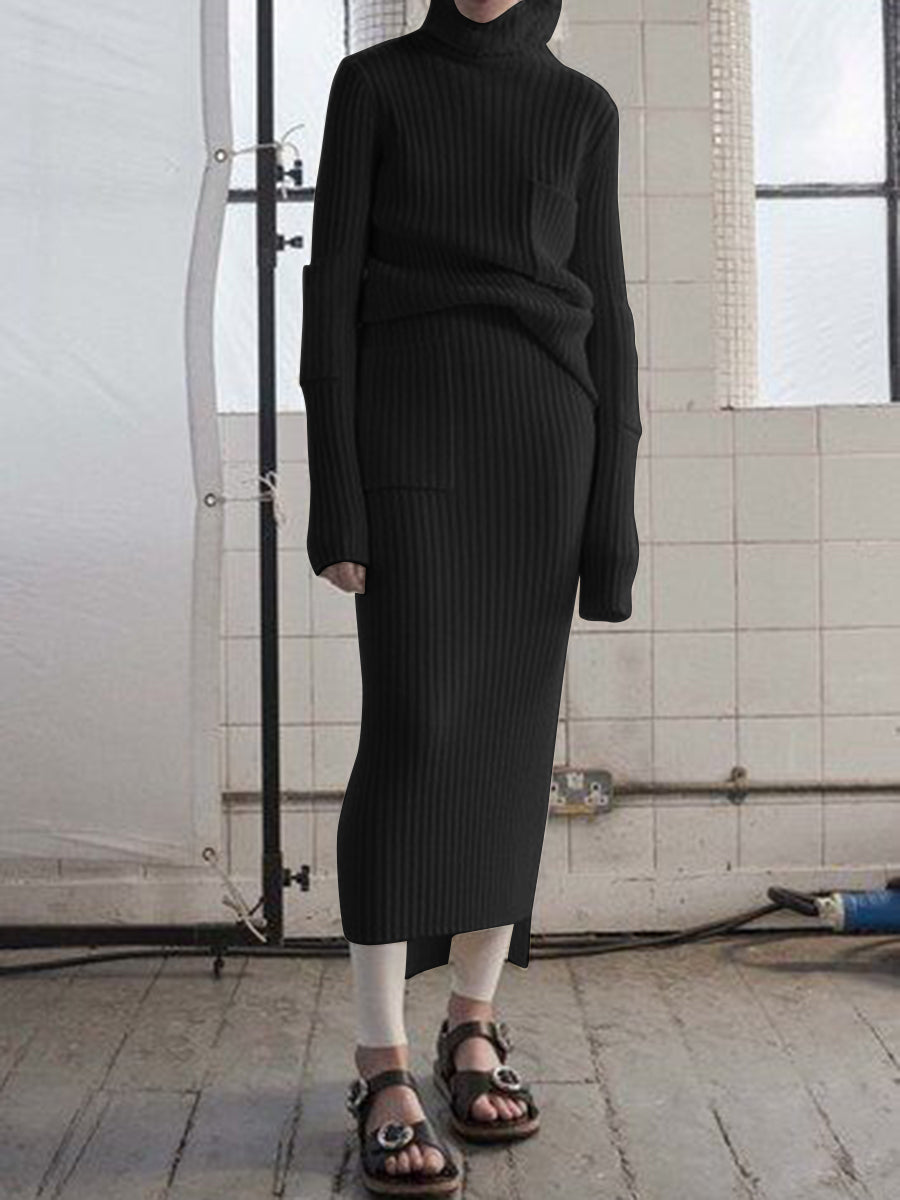 Fashion Casual Solid Color Long Sleeve High Neck Two-piece Suit