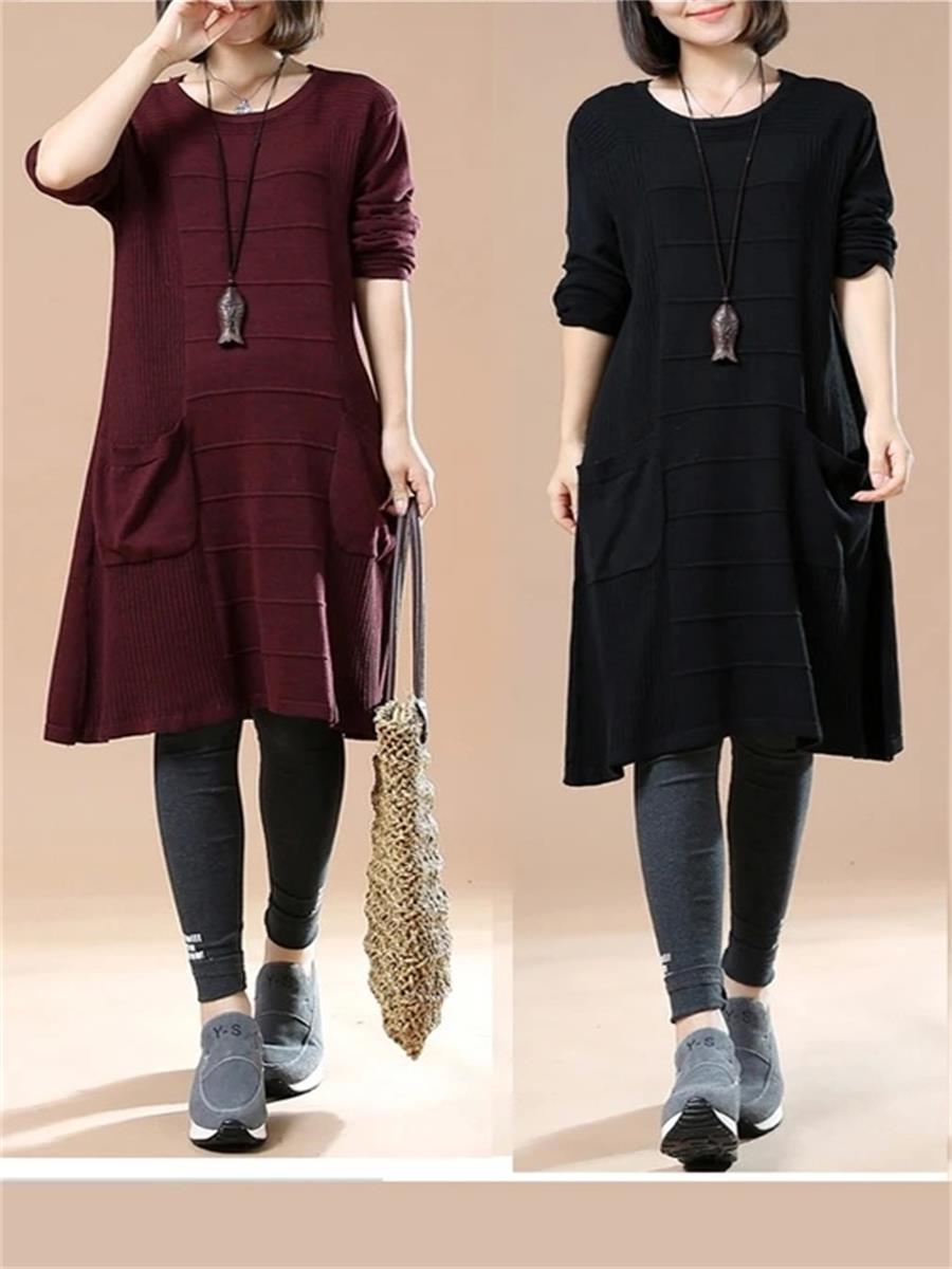 Autumn And Winter Casual Solid Color Pocket Women'S Sweater Dress