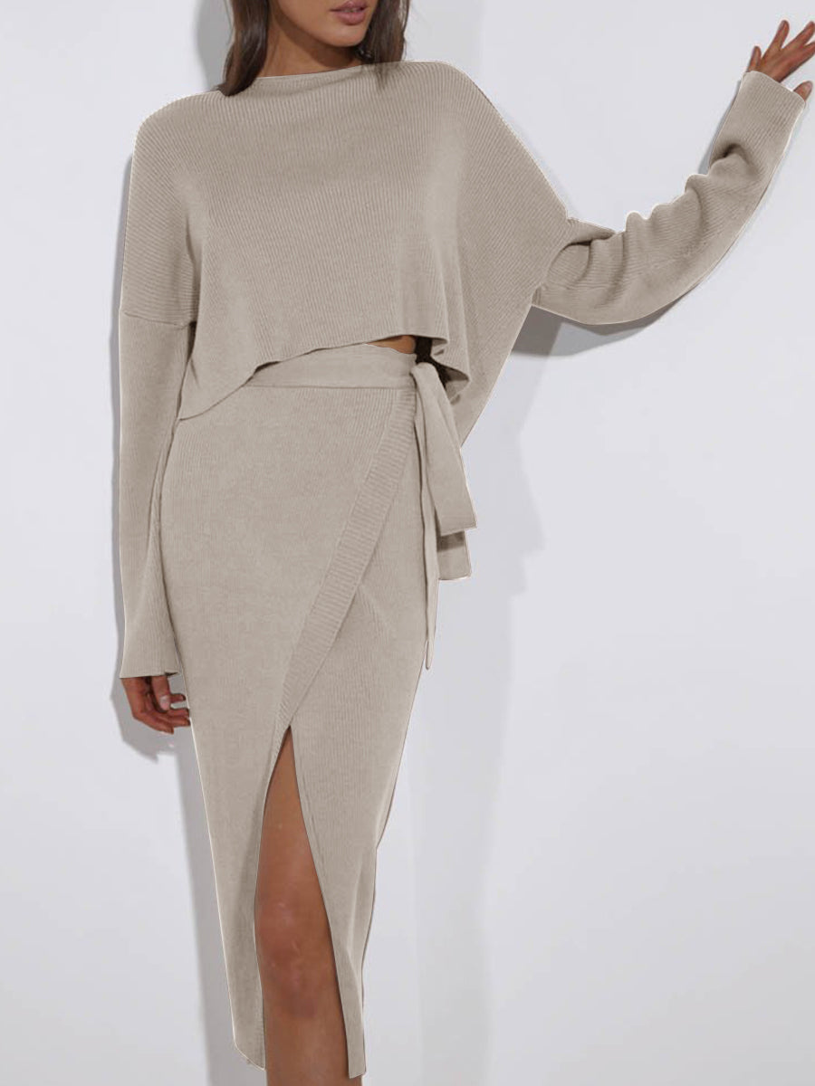 Fashion Loose Long Sleeved Top And Skirt Knit Suit