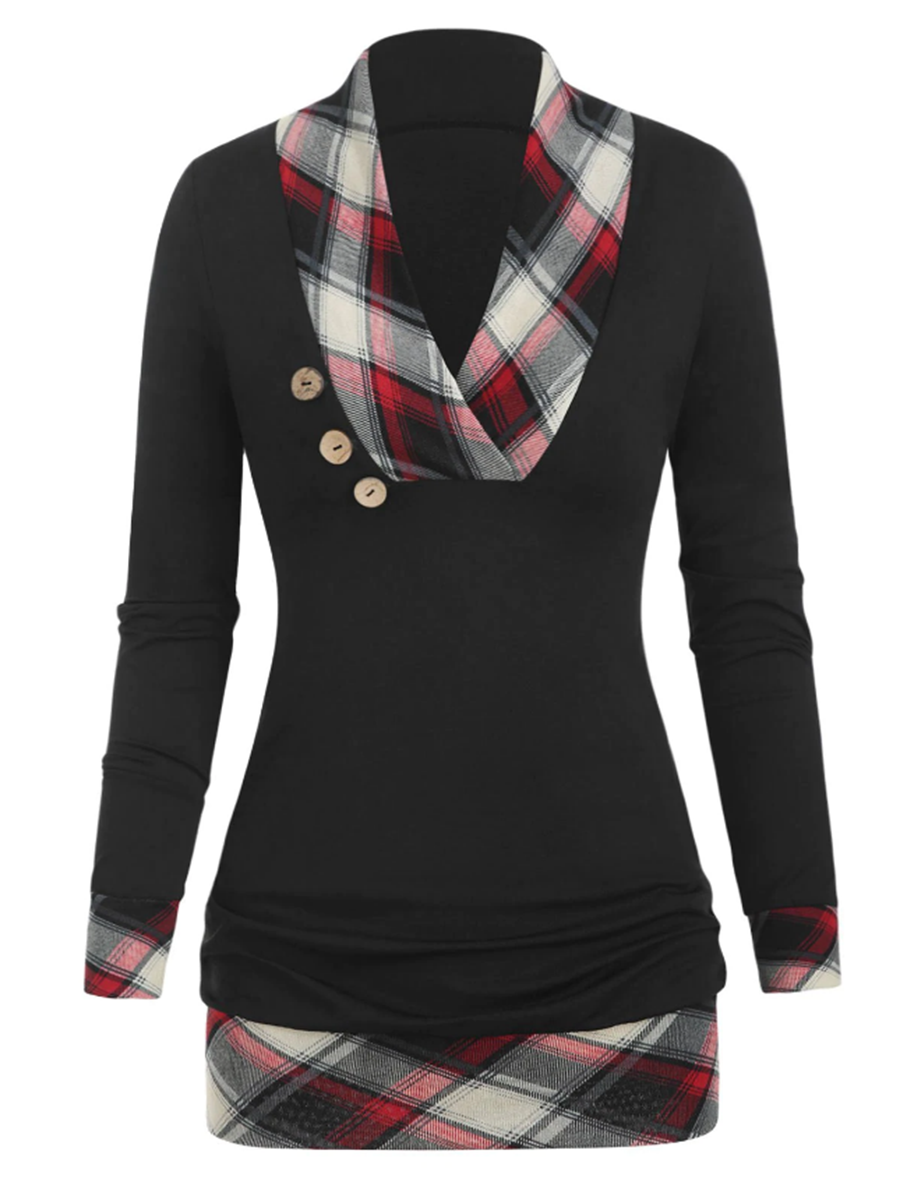 Solid Color Plaid Collar V-neck Long-sleeved Stitching Top