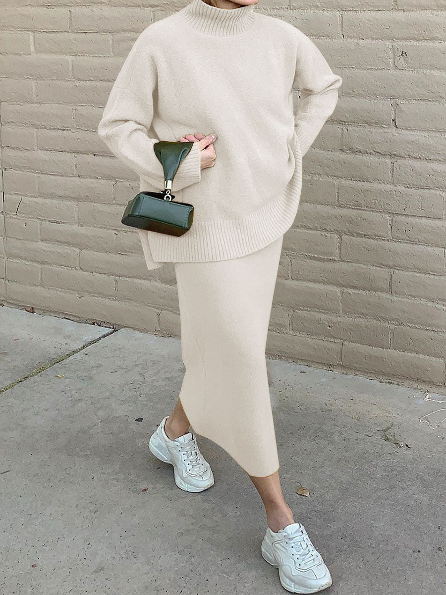Fashion Solid Color High Neck Knitted Casual Two-piece Suit