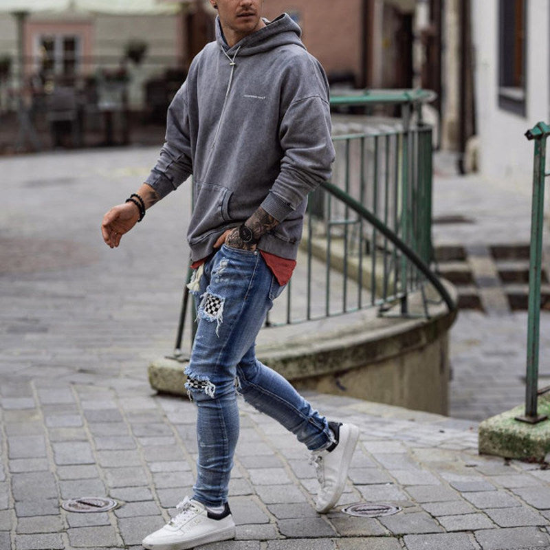 Men Gray Hoodie Mens Vintage Basic Long Sleeve Sweatshirt