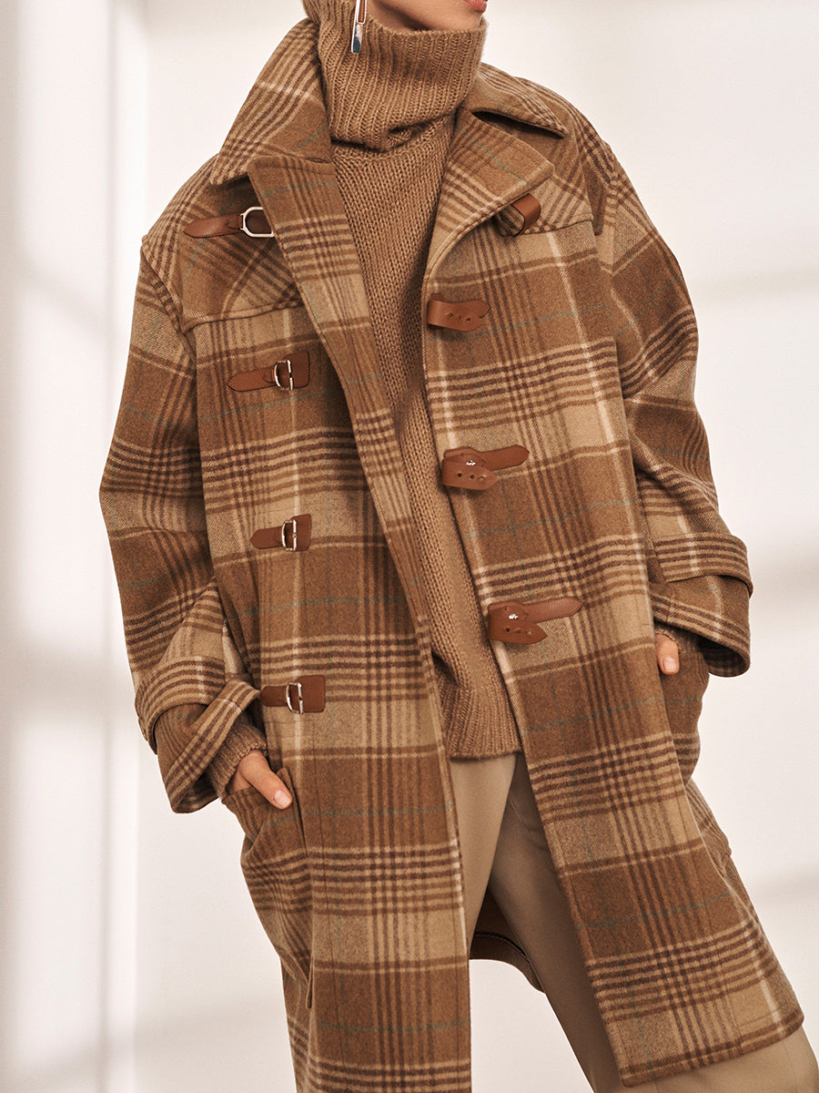 Fashion Coffee Plaid Long Casual Ladies Coat