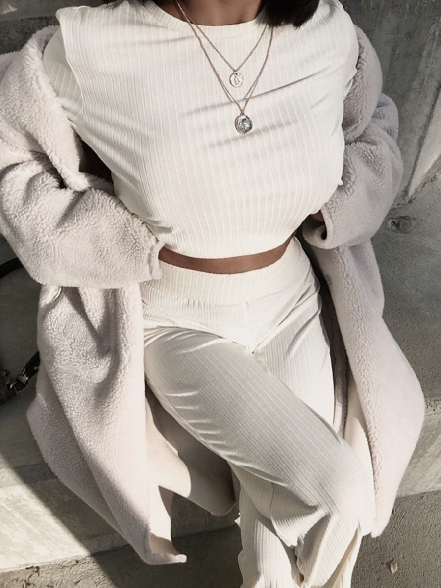 Solid Color Round Neck Knitted Sweater Long Sleeve Two-Piece Suit