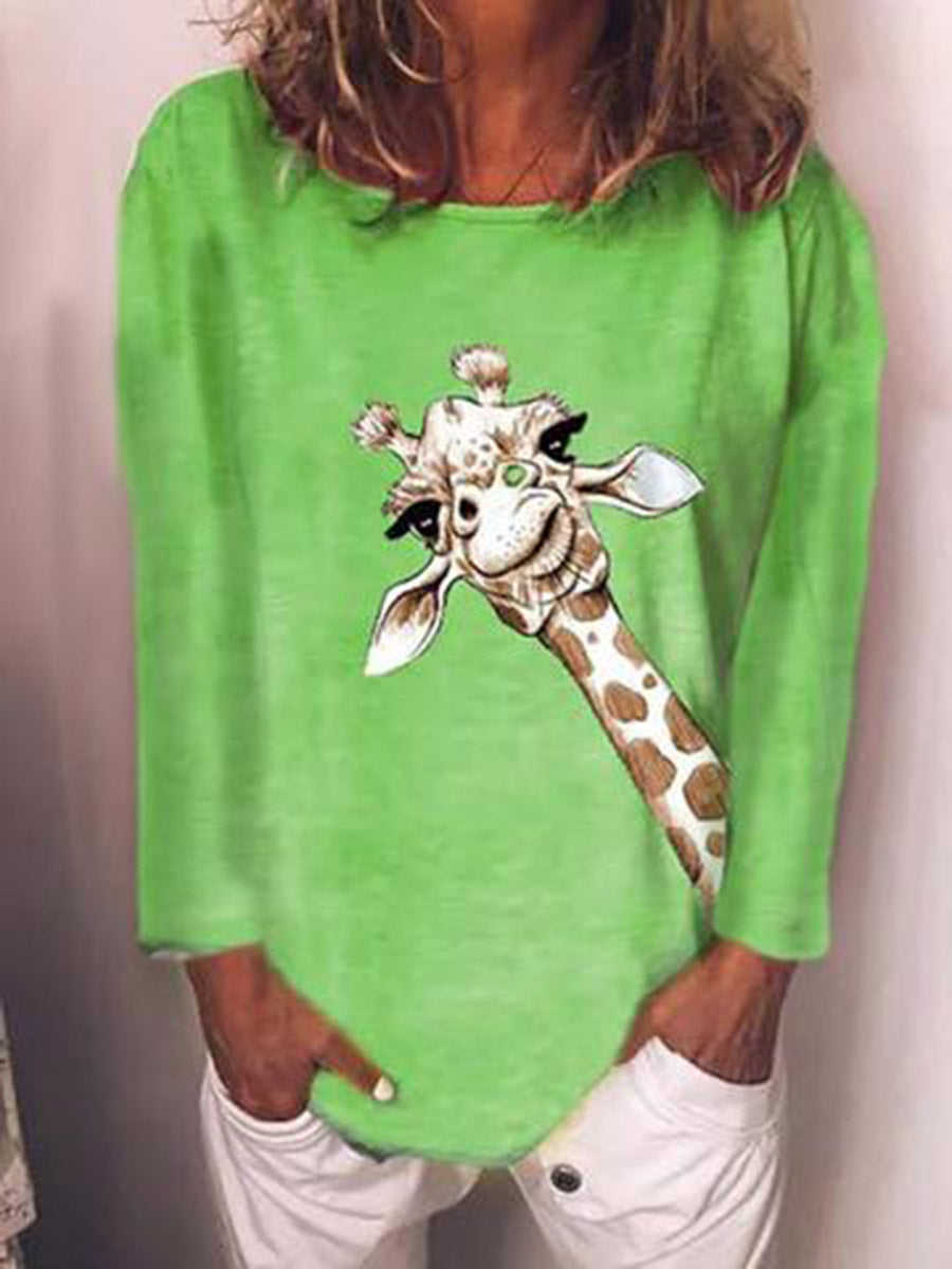 Printed Giraffe Casual Round Neck Long Sleeve T-shirt