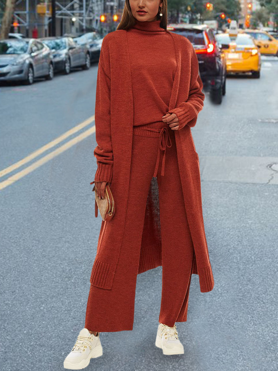 Women's High Neck Solid Color Long Sleeve Knitted Three-piece Suit