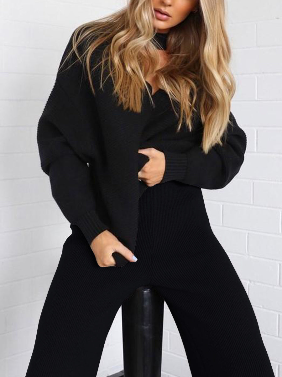 Sweater Long Sleeve Solid Color Fashion Two-piece Suit