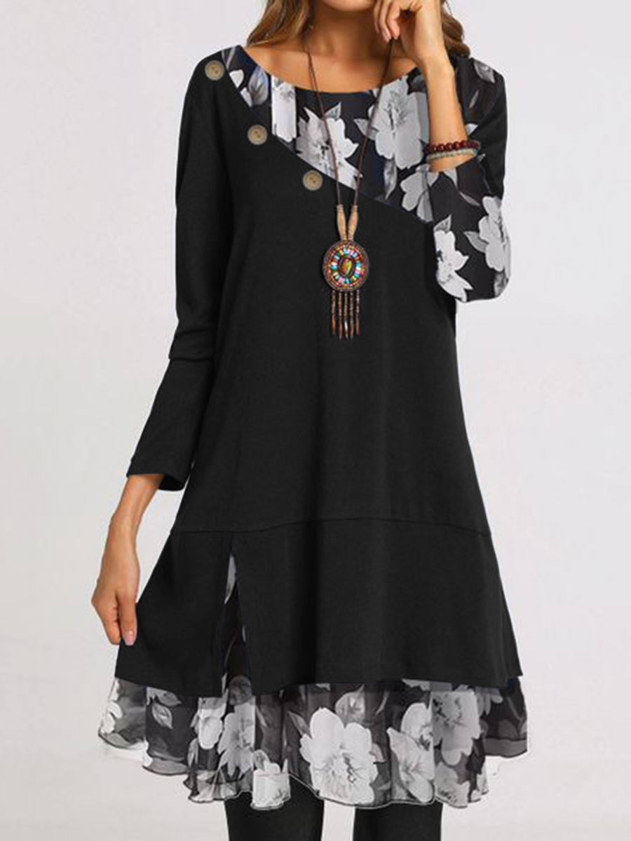 Retro Casual Loose Color Matching Floral Long Sleeve Dress