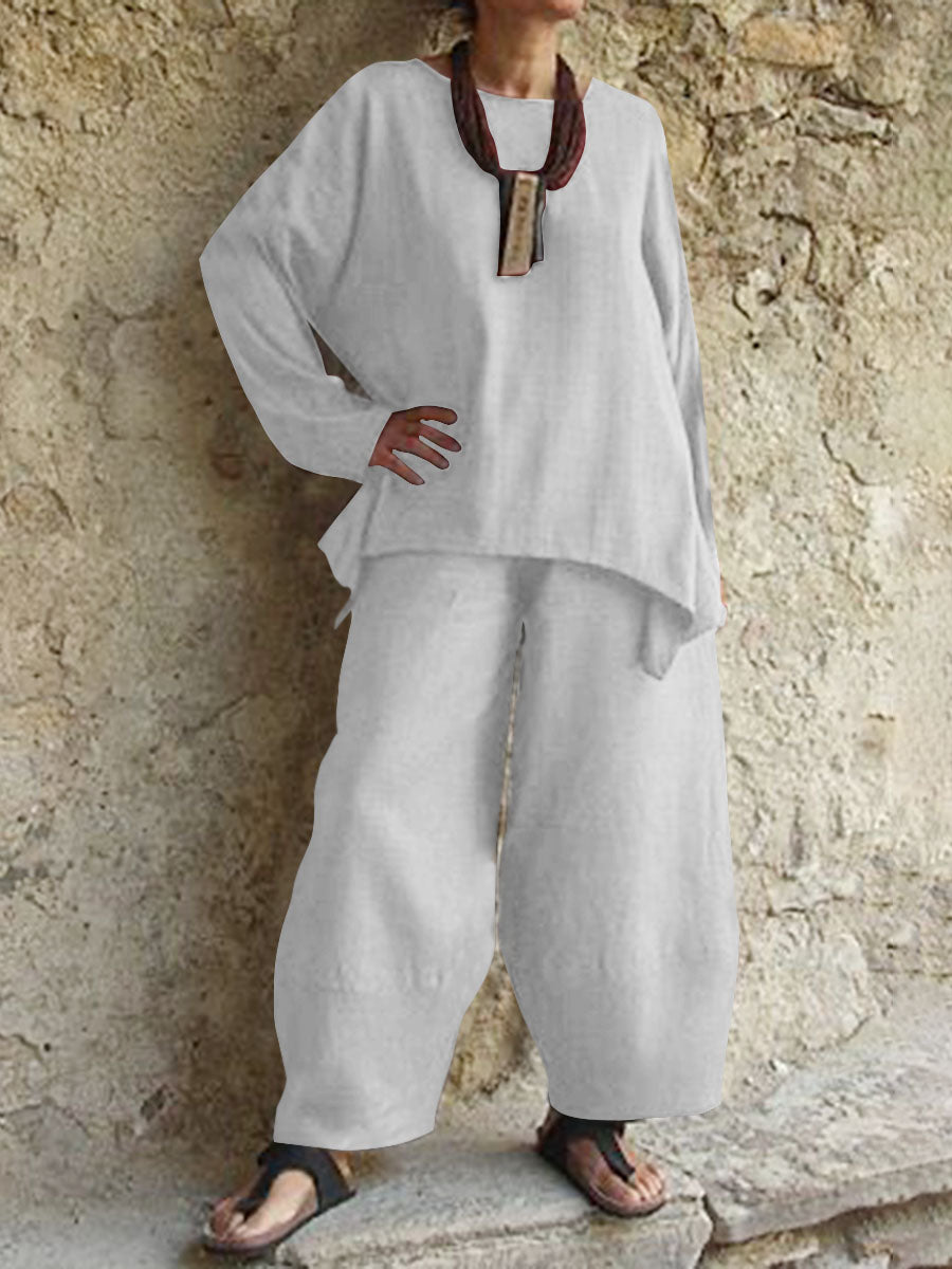 Simple Casual Loose Round Neck Long Sleeve Top Pants Suit
