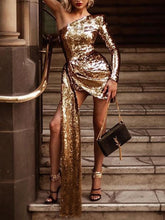Load image into Gallery viewer, Fashion Sexy One-shoulder Sequin Mini Dress
