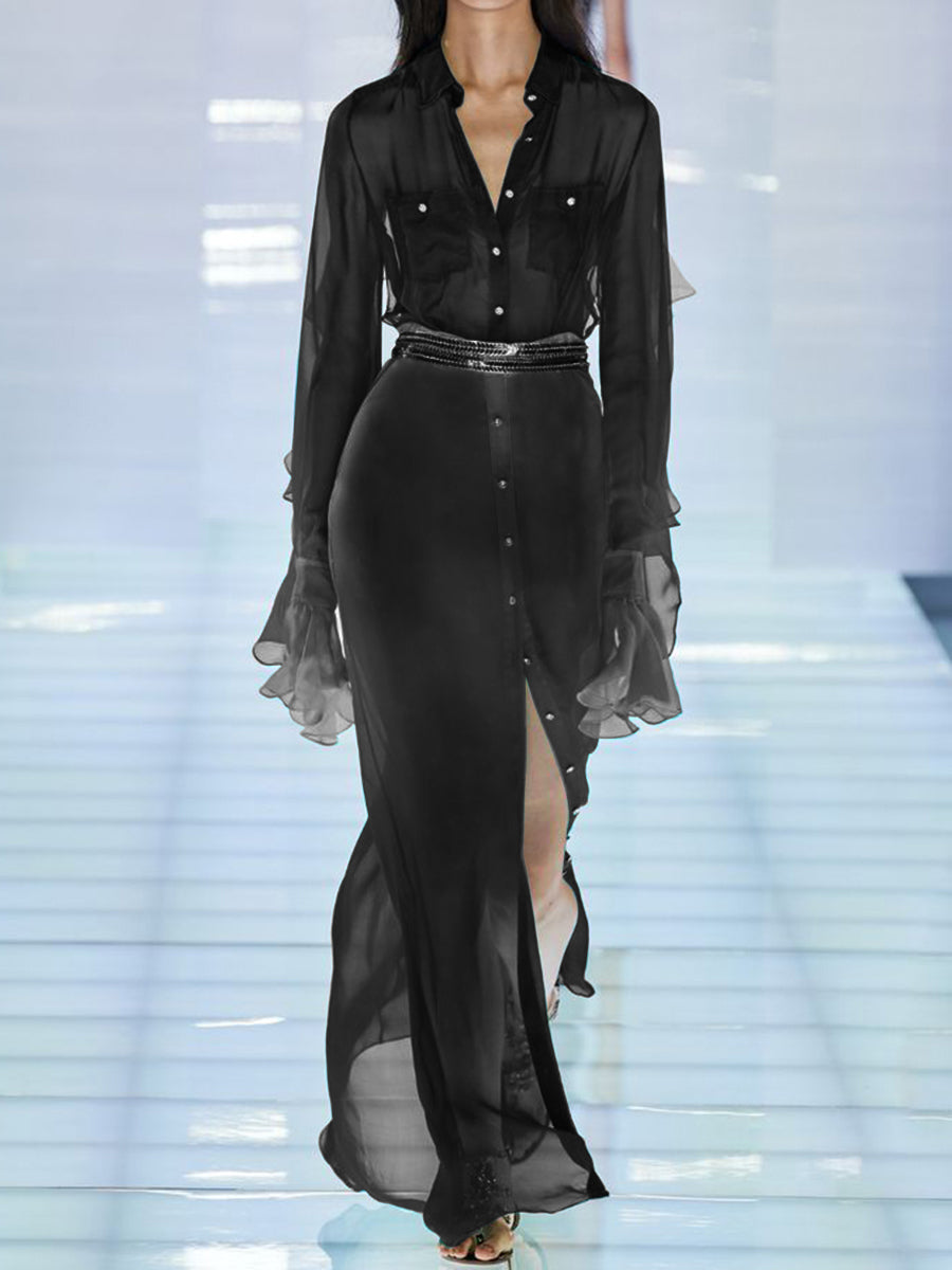 Fashion Casual Solid Color Button Long Sleeve Two-piece Suit