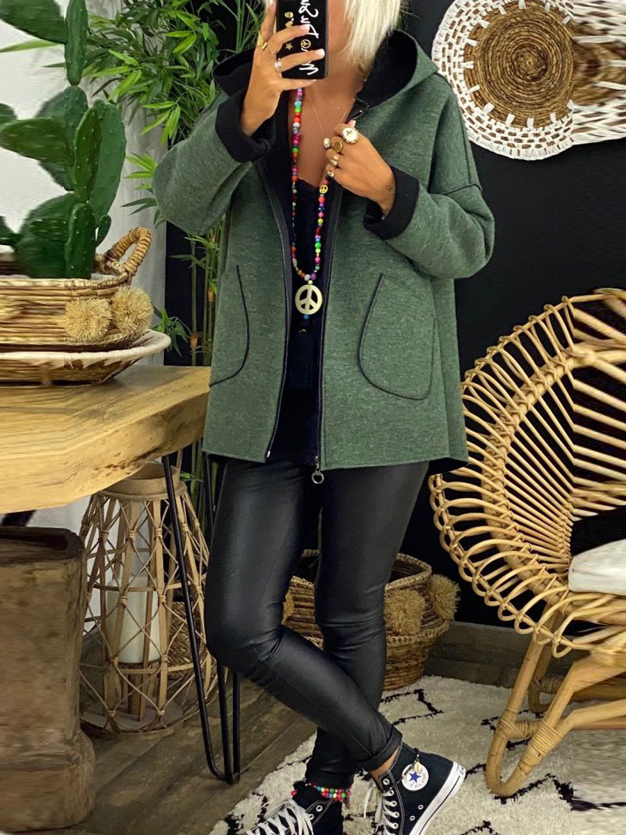 Pure Color Long-sleeved Hooded Casual Coat