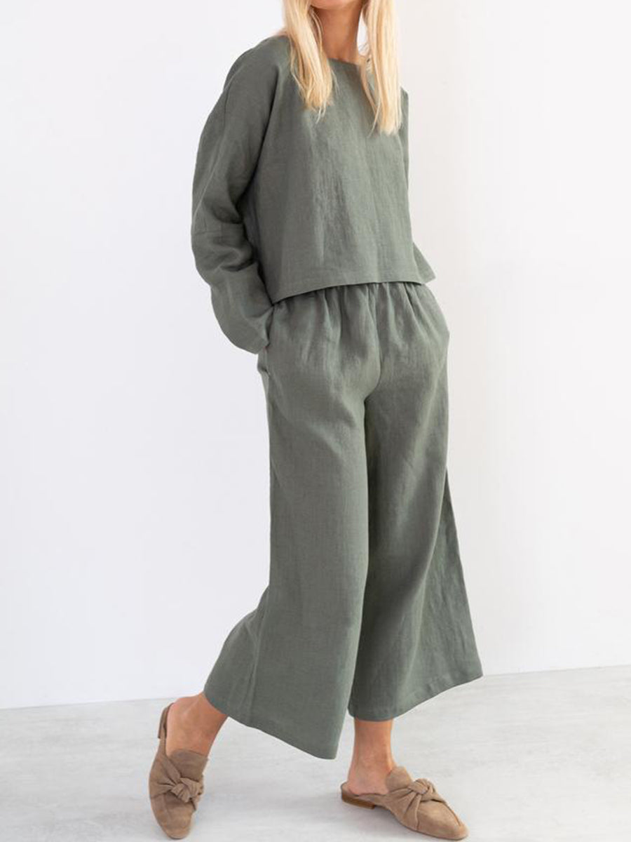 Casual Long Sleeve Round Neck Wide Leg Loose Two-Piece Suit