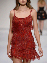 Load image into Gallery viewer, Sexy Suspender Solid Color Fringed Mini Dress

