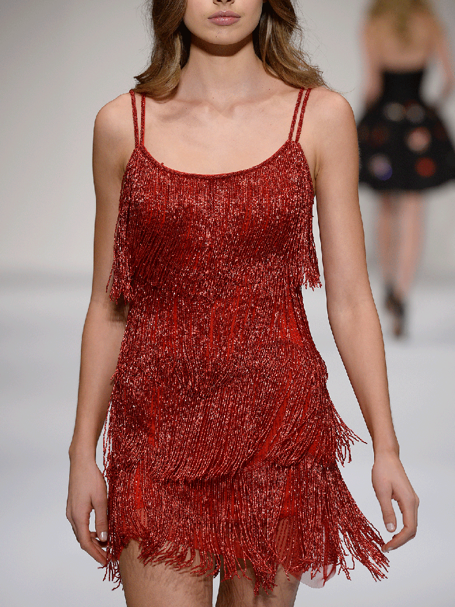 Sexy Suspender Solid Color Fringed Mini Dress