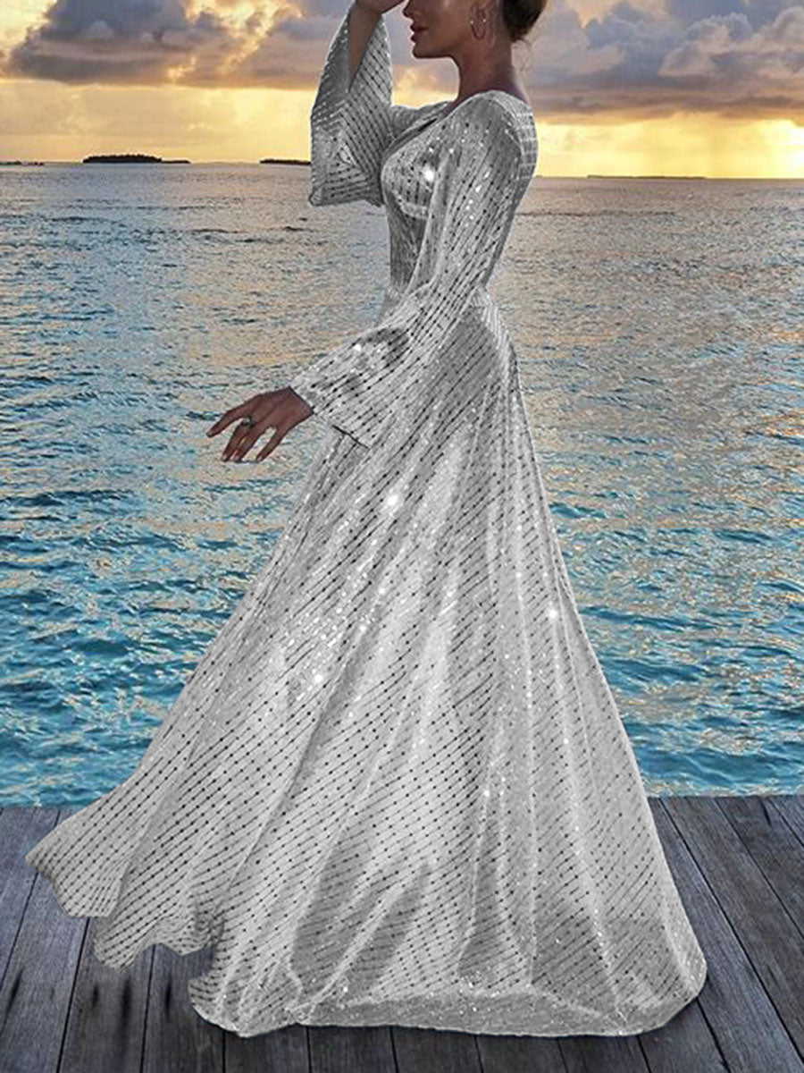 Elegant Spotted Long Sleeve Circle Evening Dress