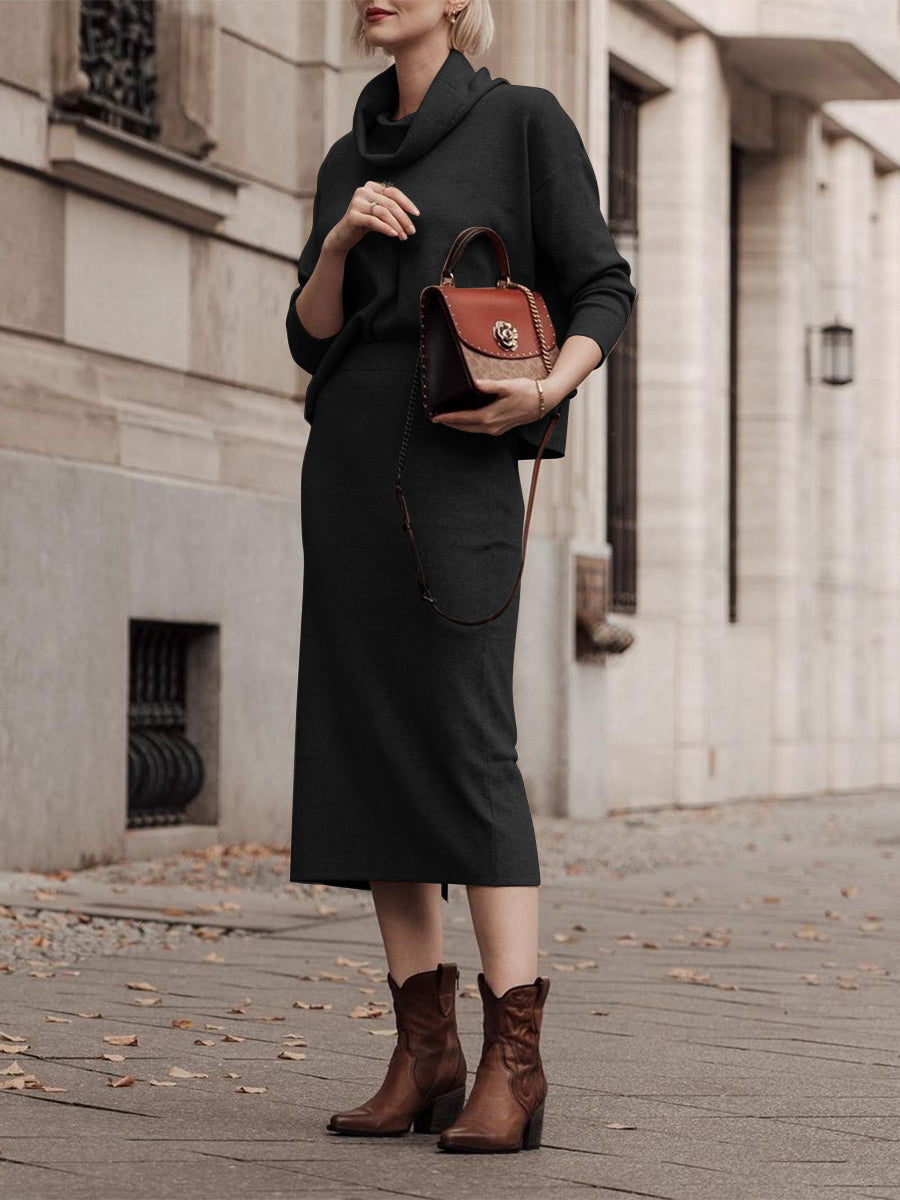 Pure Color Turtleneck Tops Knit Skirt Two Piece Suit