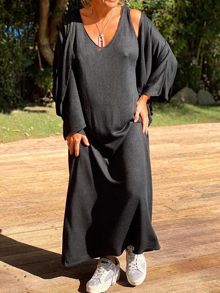 Casual Loose V-neck Long Sleeve Solid Color Two-piece Suit