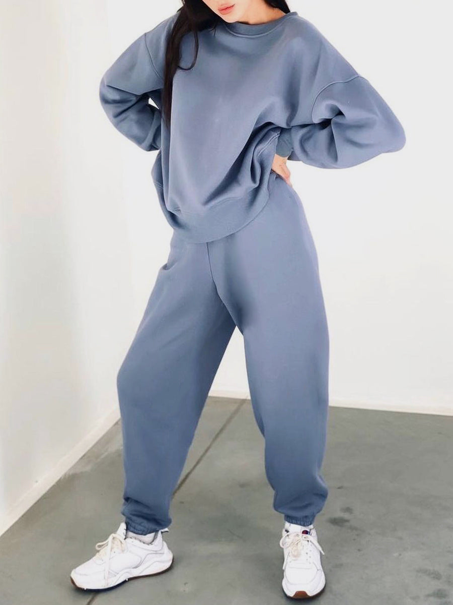 Loose Pullover Solid Color Pants Suit