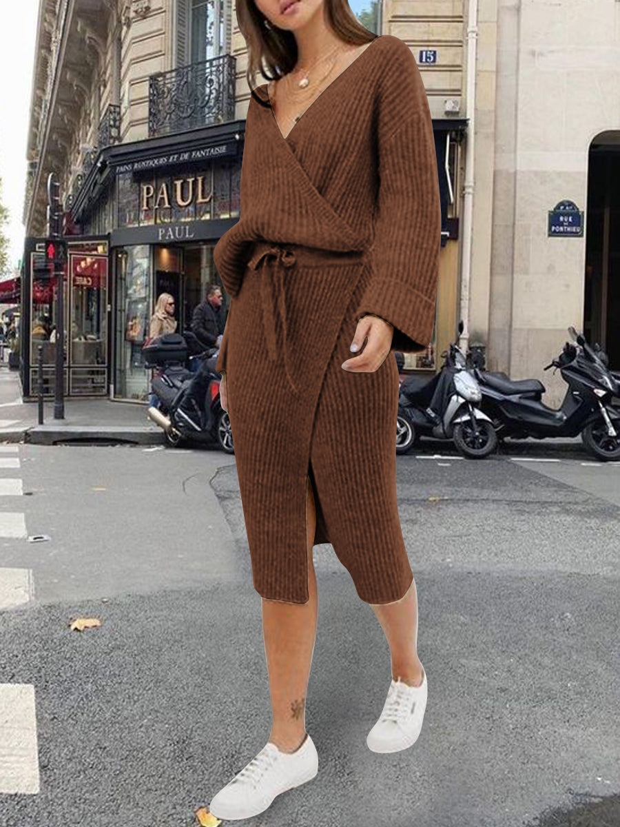 Women's Fashion V-neck Skirt Knit Two-piece Suit