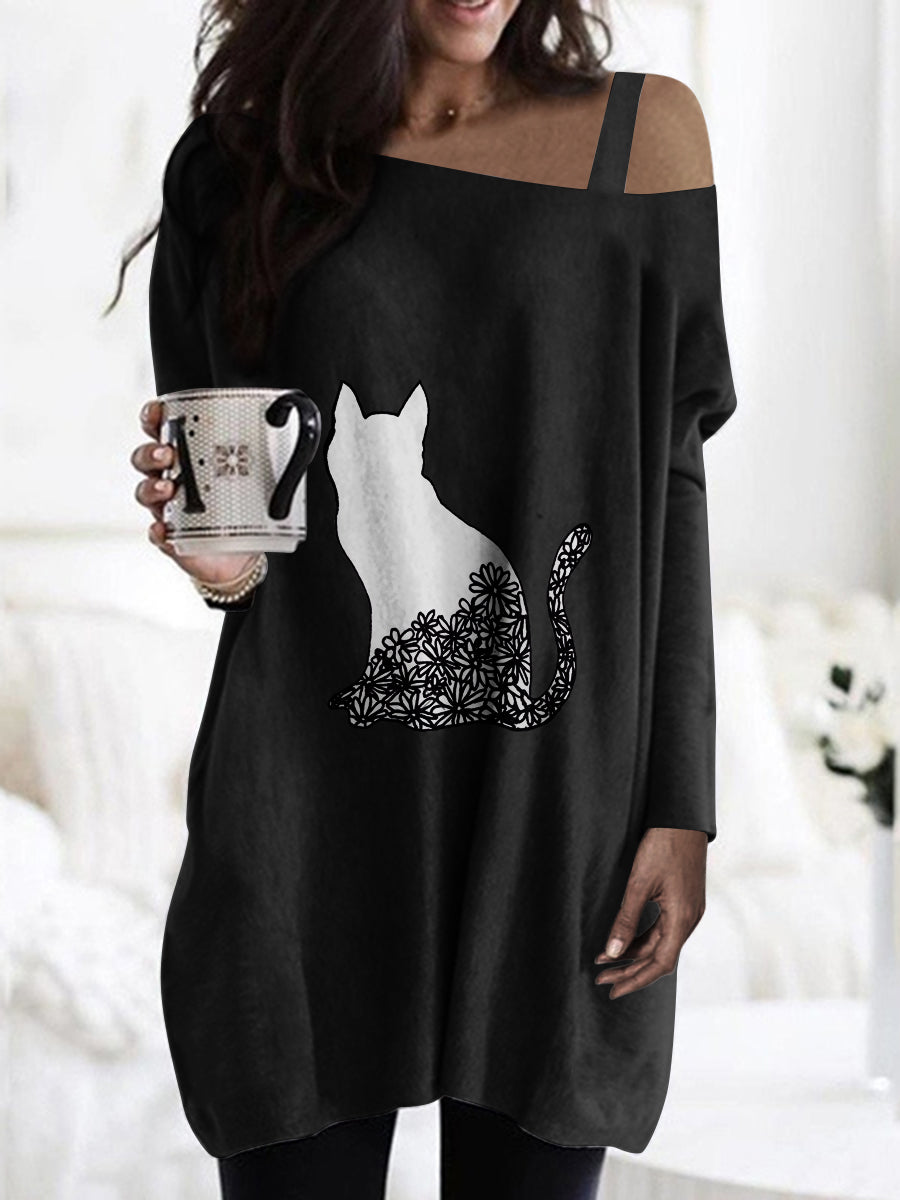 Oblique Collar Strapless Cat Print Casual T-Shirt