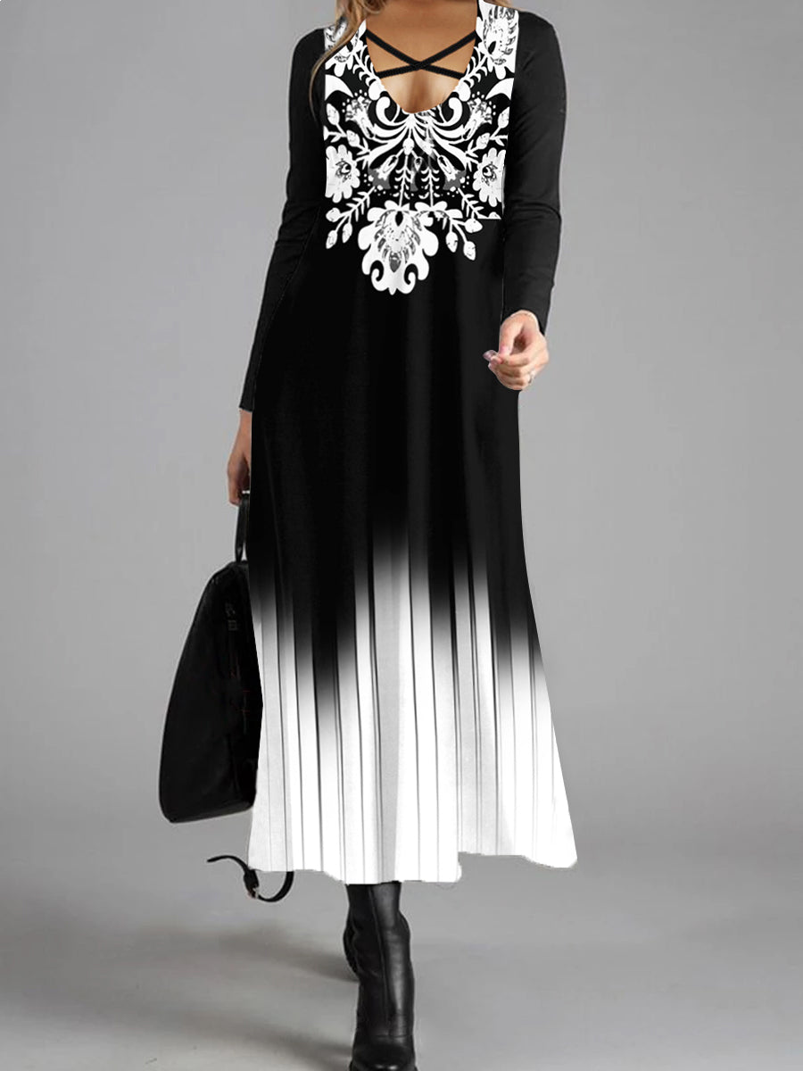 Gradient Long-sleeved V-neck Slim Casual Dress