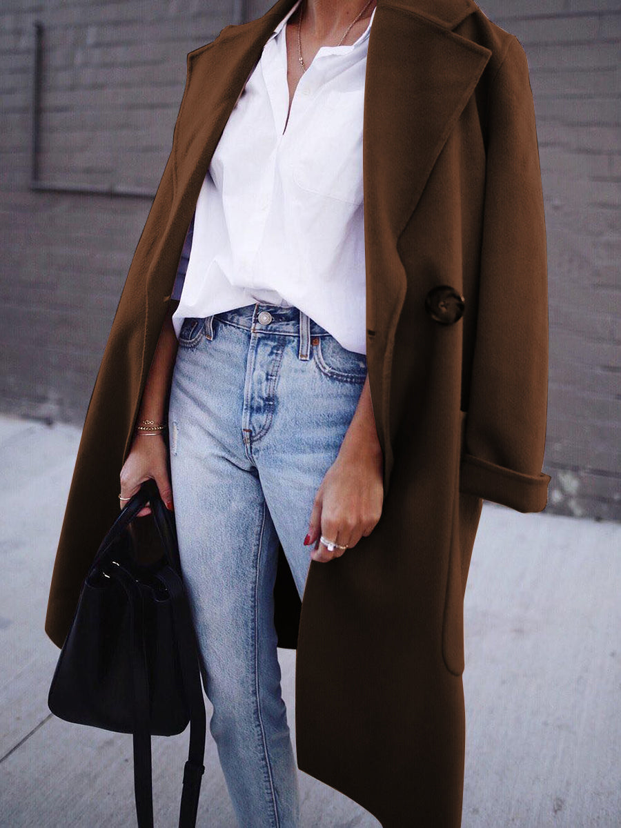 Women's Autumn and Winter Solid Color Long-sleeved Woolen Coat
