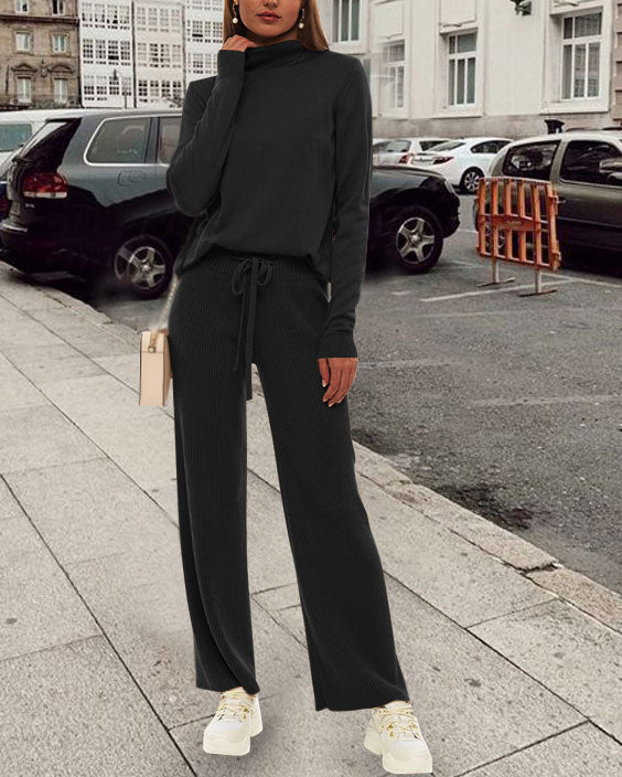 Fashion Women's High Neck Knitted Casual Two-piece Suit