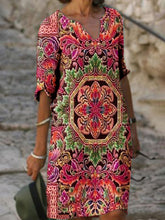 Load image into Gallery viewer, Ethnic Style Retro Loose Print V-neck Casual Dress
