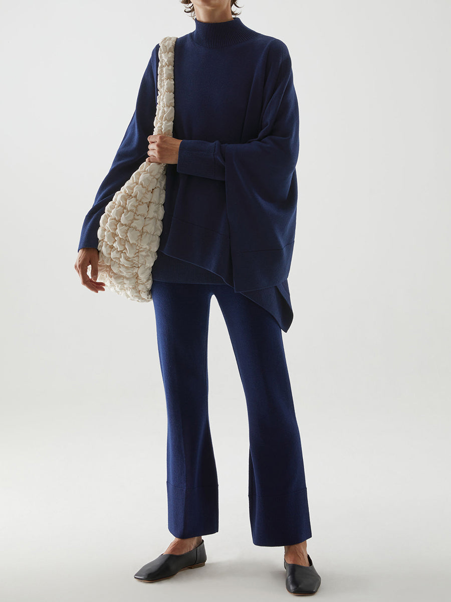 Fashionable Simple High Neck Long Sleeve Top Pants Knitted Suit