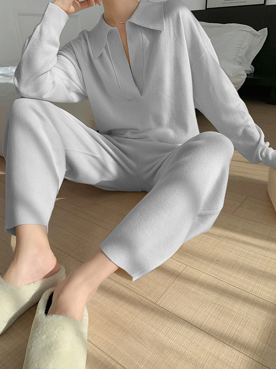 Simple Casual Loose V Neck Long Sleeved Top Pants Suit