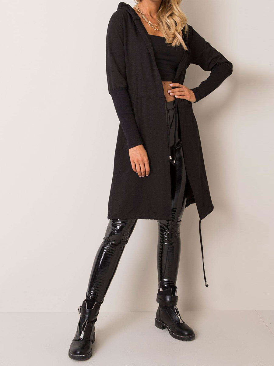 Pure Color Hooded Casual Waist Drawstring Long Coat