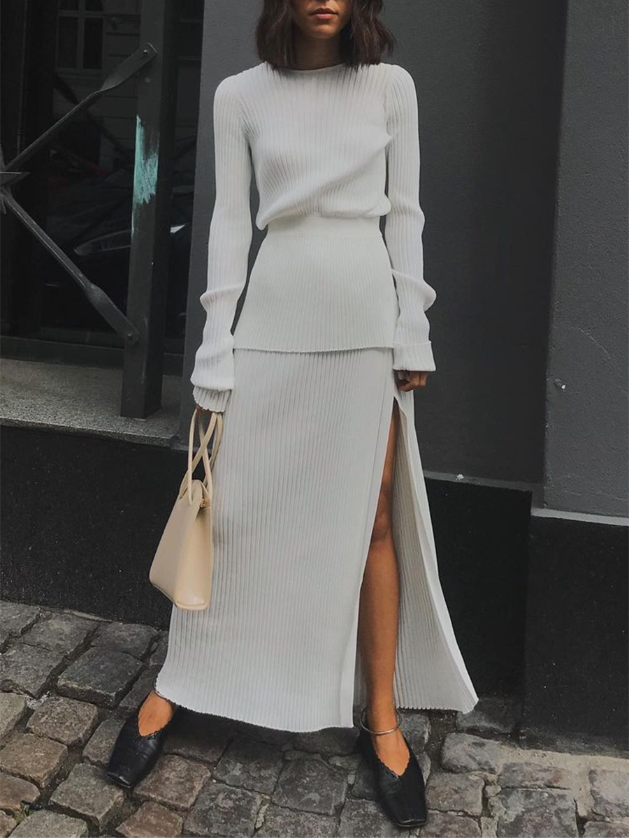 Sexy Open Back Slim Knit Top and Sweater Split Skirt Two-piece