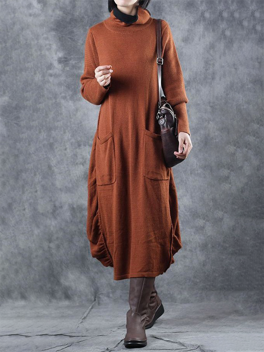 Vintage Loose Pocket High Neck Women'S Dress