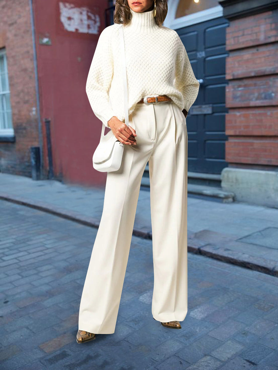 Turtleneck Knitted Solid Color Casual Ladies Suit