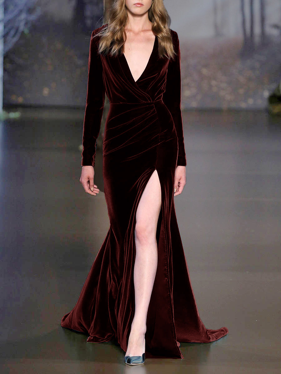 Fashion Long-sleeved Velvet Elegant Evening Dress