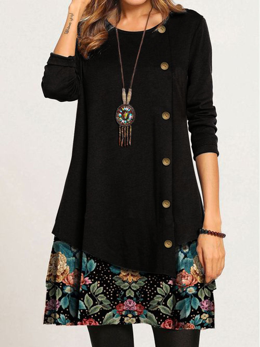 Casual Loose Round Neck Floral Long Sleeve Dress