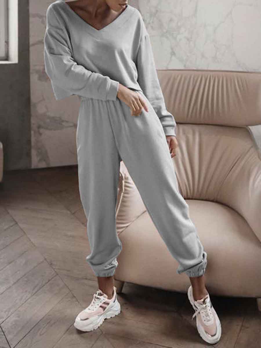 Pure Color V-neck Loose Tracksuit Casual Suits