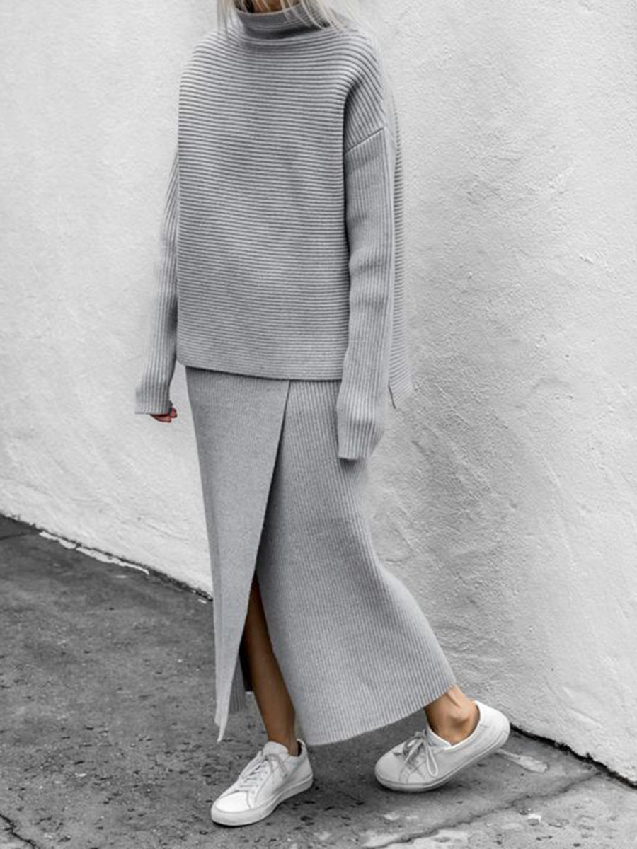 Fashion Solid Color High Collar Casual Long Sleeve Two-piece Suit