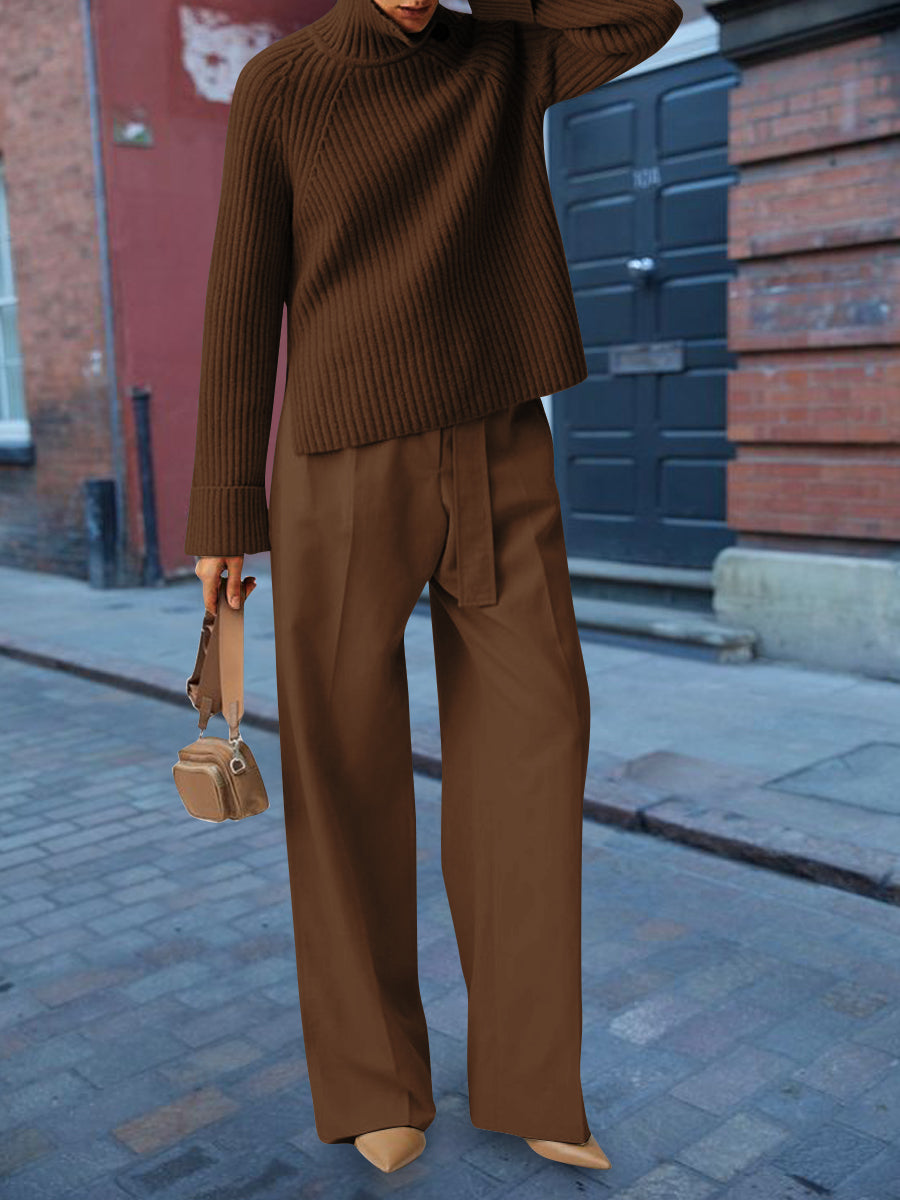 Knit High Collar Solid Color Casual Ladies Two-piece Suit