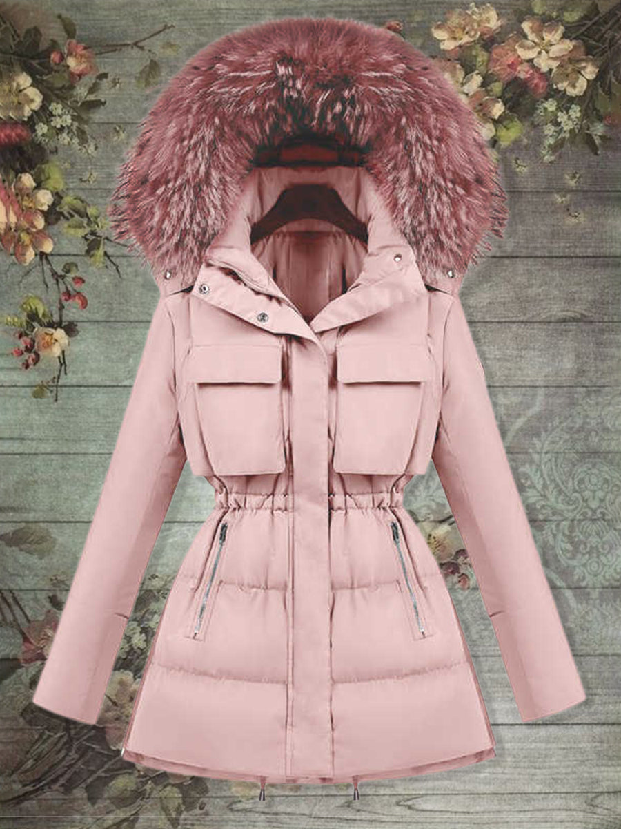 Furry Hat Zipper Women's Coat with Pockets