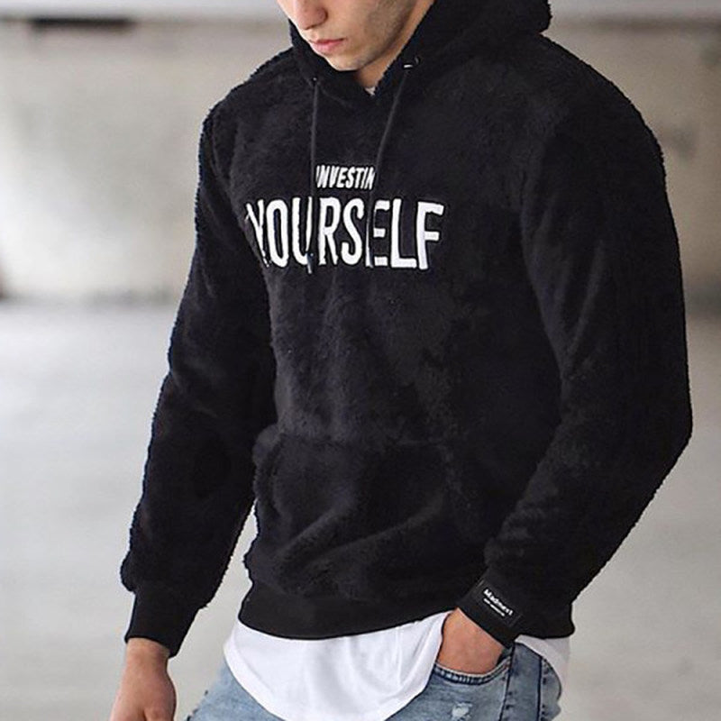 Pure Color Casual Letter Print Plush Long-Sleeved Hoodie