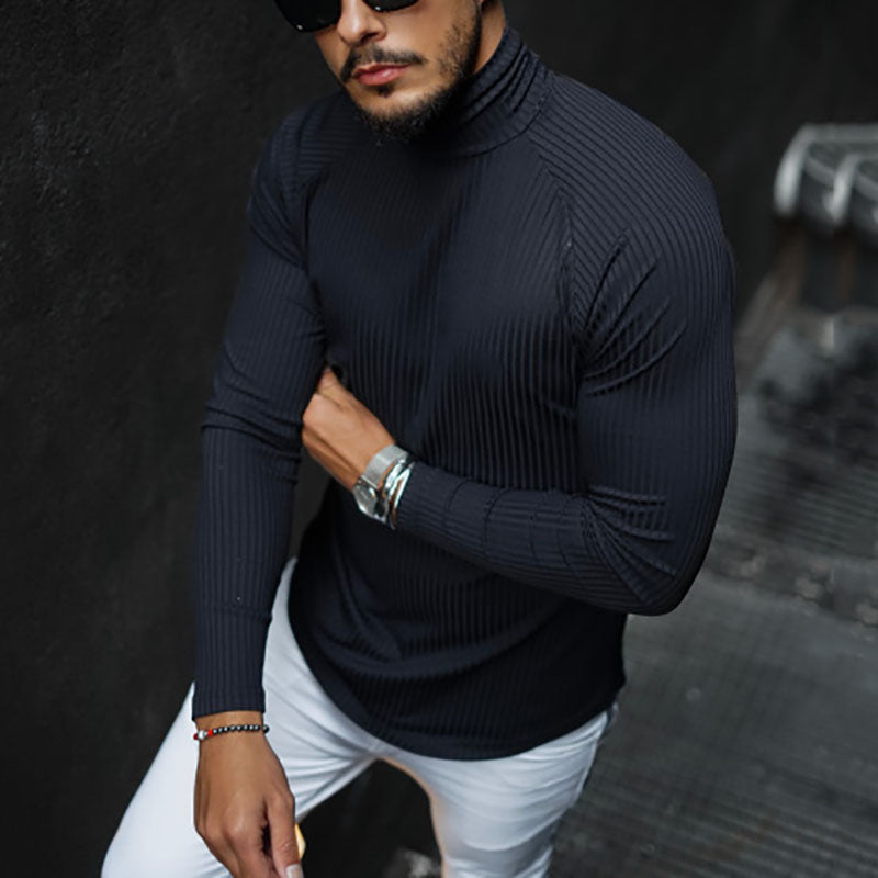 Men Simple Long Sleeve High Neck Plain T-shirt
