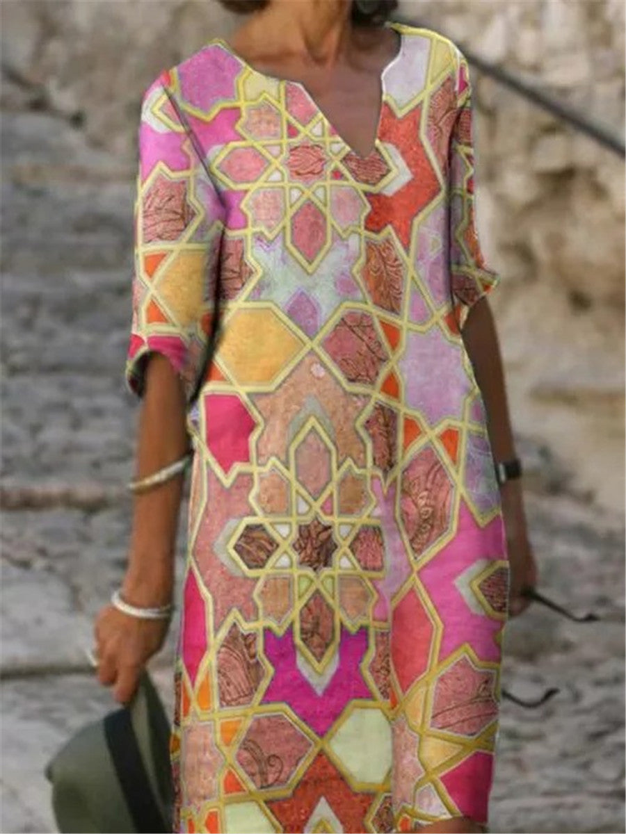 Retro Casual Loose Geometric Color Matching Dress