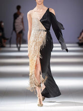 Load image into Gallery viewer, Fashion One-shoulder Fringe Stitching Dress
