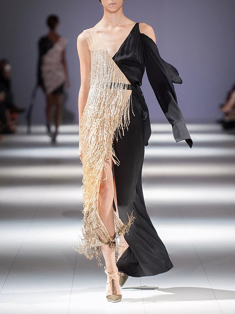 Fashion One-shoulder Fringe Stitching Dress