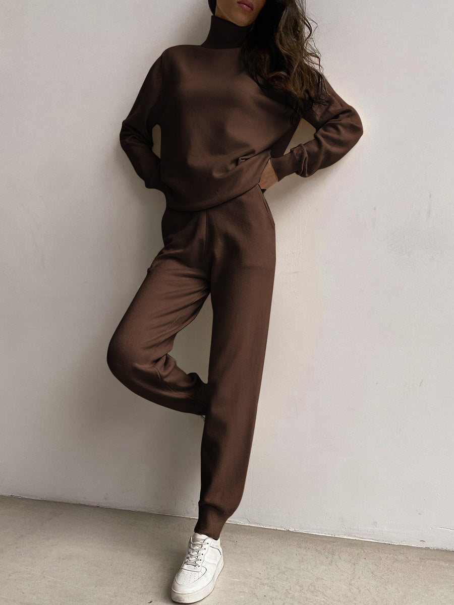 Casual Turtleneck Loose Knit Solid Color Two-piece Suit