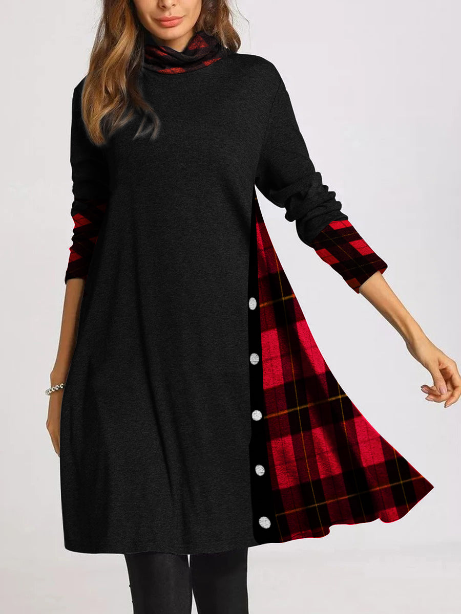 Retro Casual Loose High Neck Long Sleeve Plaid Dress