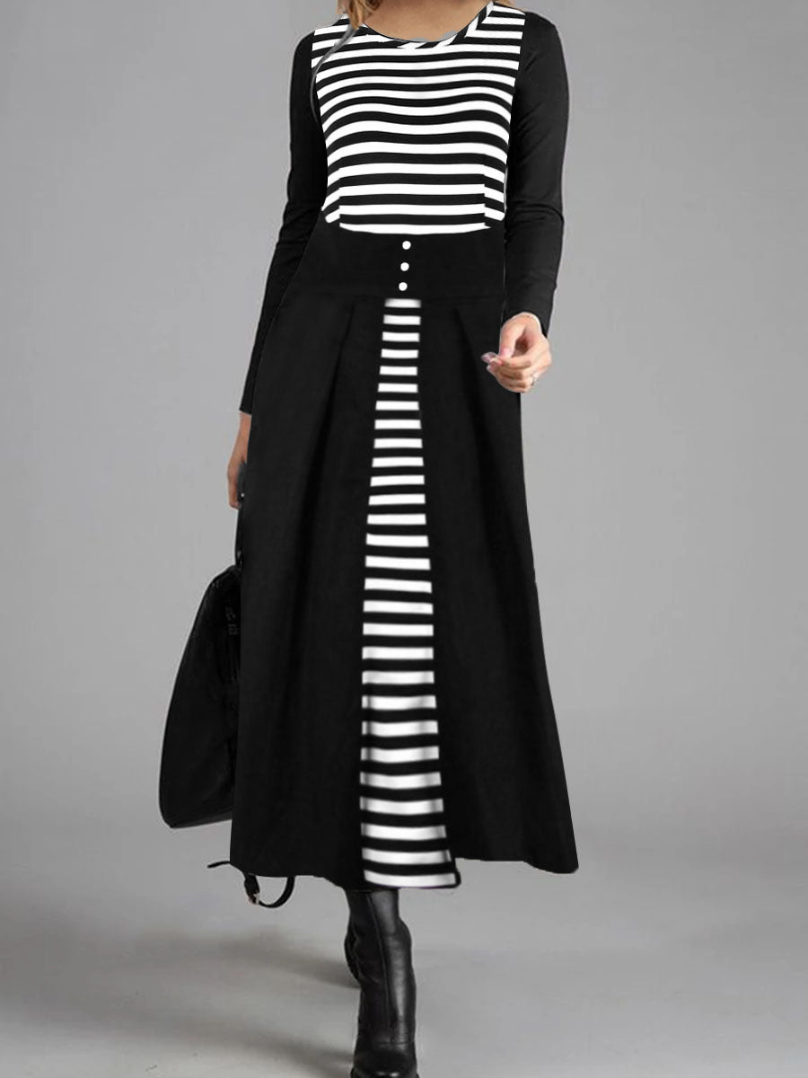 Retro Elegant Striped Long Sleeve Maxi Dress